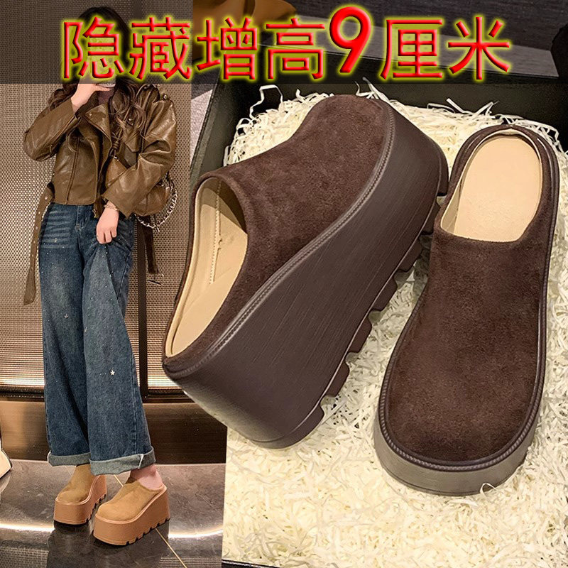 矮子乐包头真皮拖鞋女9cm内增高全牛真皮厚底休闲松糕博肯半拖秋
