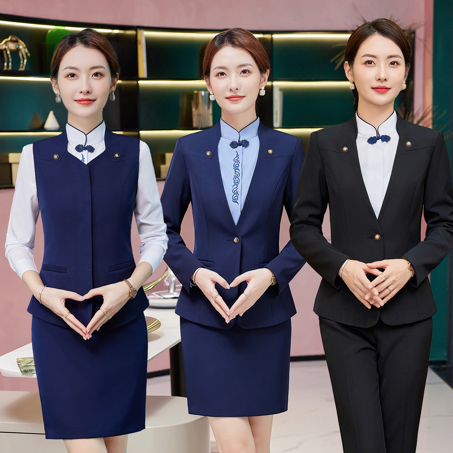 高端星级大酒店前台接待服务员工作服女中式餐厅饭店职业蓝外套装