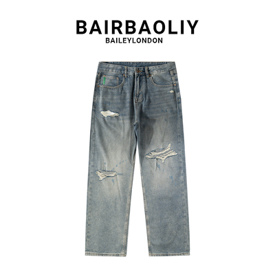 BAIRBAOLIY潮牌破洞牛仔裤男款春夏新款美式潮流复古做旧直筒长裤