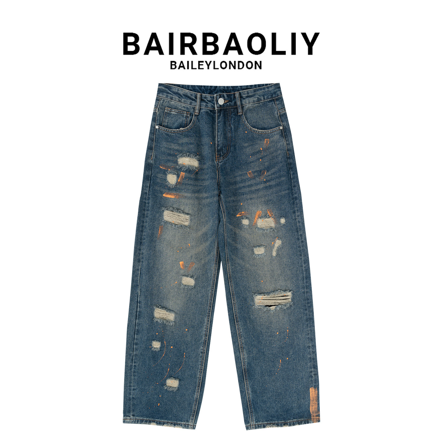 BAIRBAOLIY美式街头泼墨涂鸦牛仔裤男士破洞毛边设计感直筒长裤子