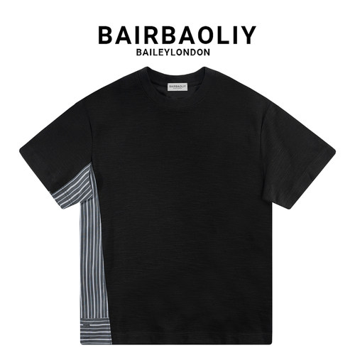 BAIRBAOLIY夏季男士高级感侧边条纹拼接时尚潮流ins圆领短袖T恤衫