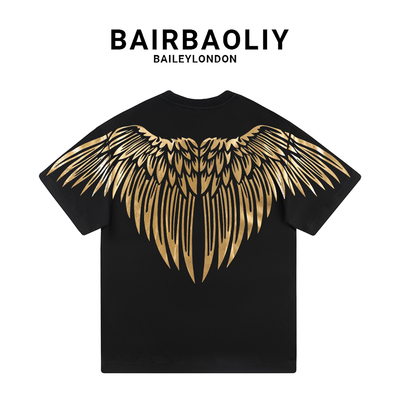 BAIRBAOLIY潮牌高奢重工烫金闪耀羽翼大翅膀个性街头情侣短袖T恤