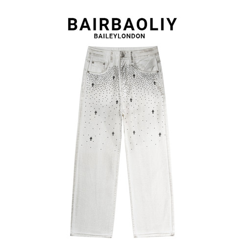 BAIRBAOLIY重工艺十字烫钻纯棉脏染直筒牛仔裤男设计感潮流休闲裤