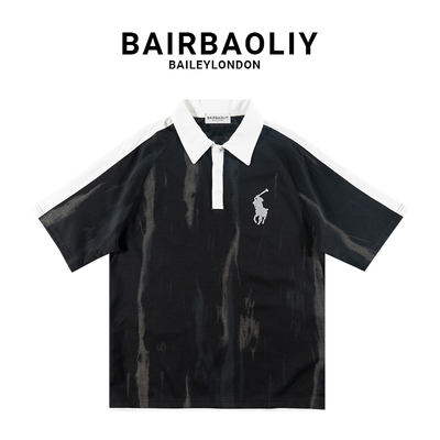 BAIRBAOLIY春夏拼接渐变撞色POLO衫男女高级轻奢小马刺绣宽松短袖