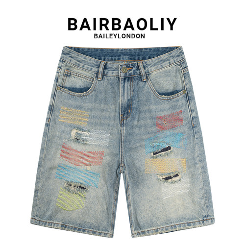 BAIRBAOLIY美式撞色牛仔短裤