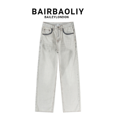 BAIRBAOLIY潮牌设计款口袋扎染直筒牛仔裤男2026新款休闲百搭长裤
