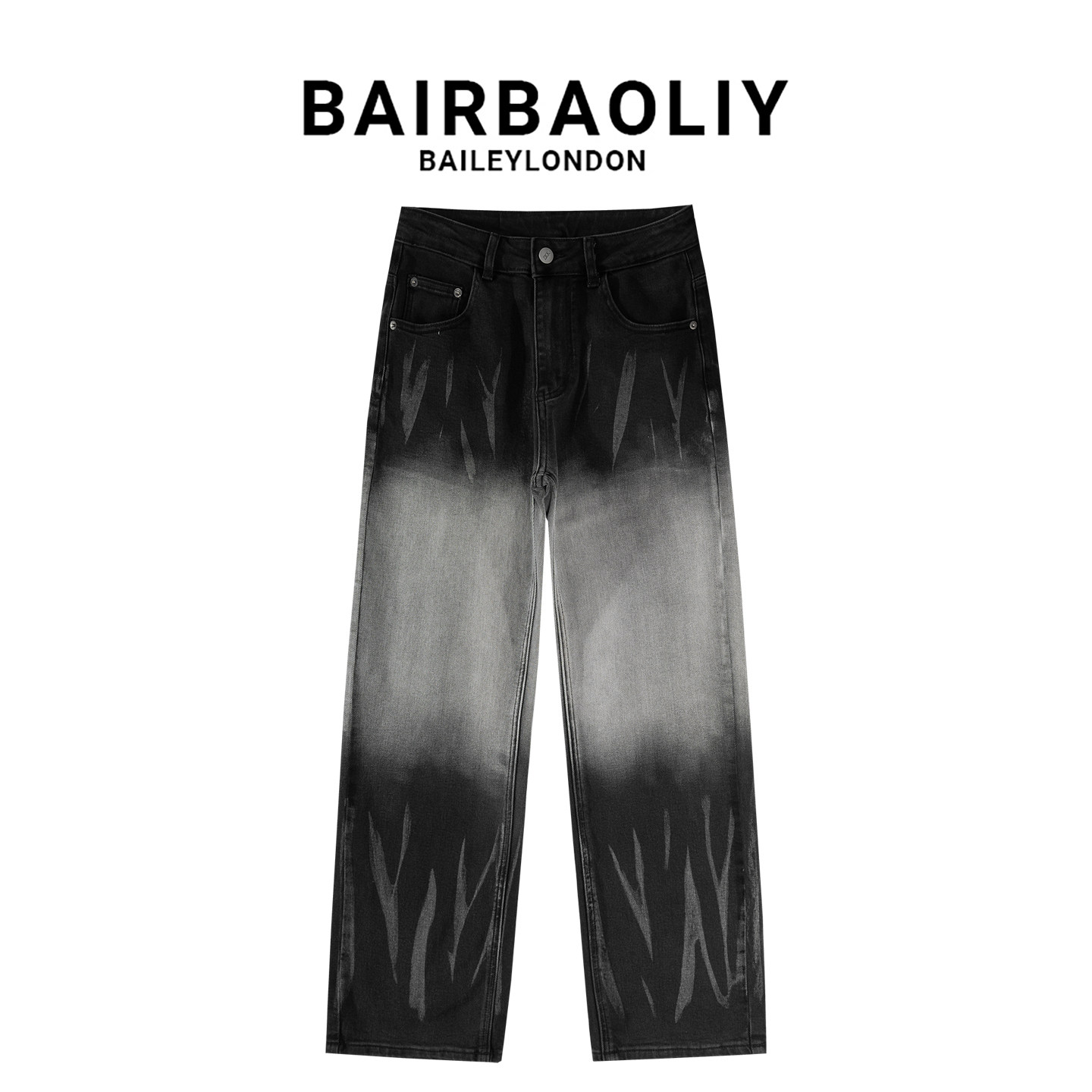 BAIRBAOLIY男士黑灰渐变美式复古扎染做旧直筒宽松休闲牛仔长裤子