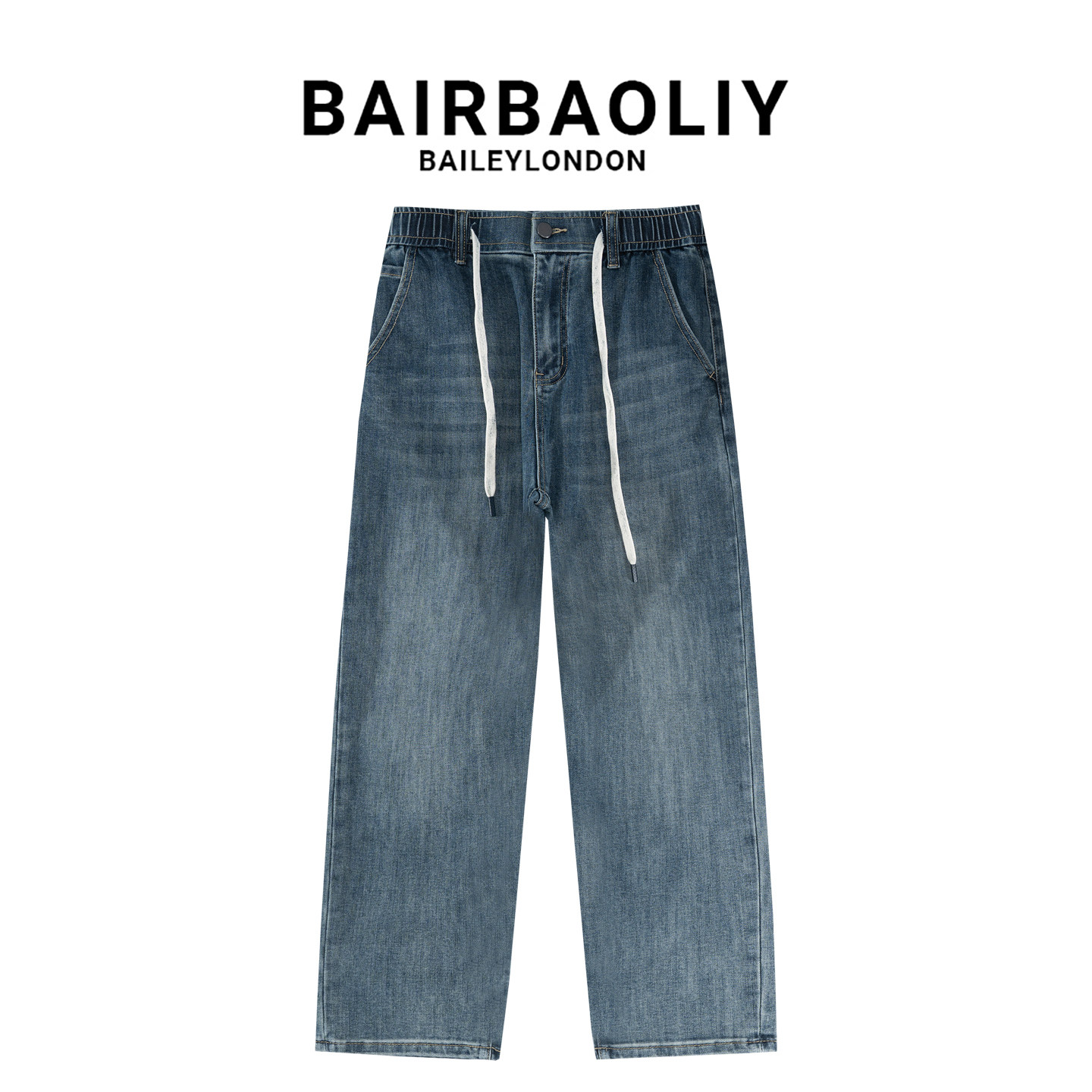 BAIRBAOLIY2026新款男士抽绳牛仔裤百搭时尚潮牌复古松紧腰休闲裤