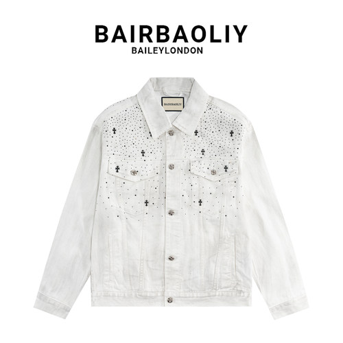 BAIRBAOLIY美式潮牌十字烫钻街头宽松翻领夹克设计感纯棉牛仔外套