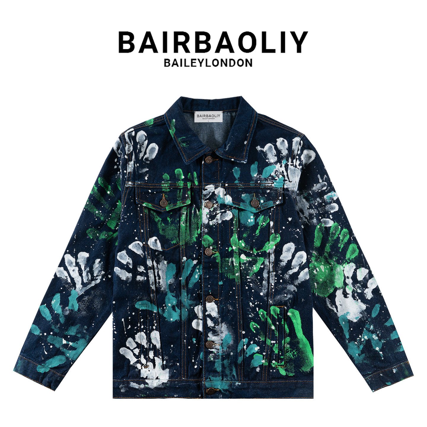 BAIRBAOLIY重工艺设计感手绘涂鸦手掌泼墨夹克潮牌炸街牛仔男外套