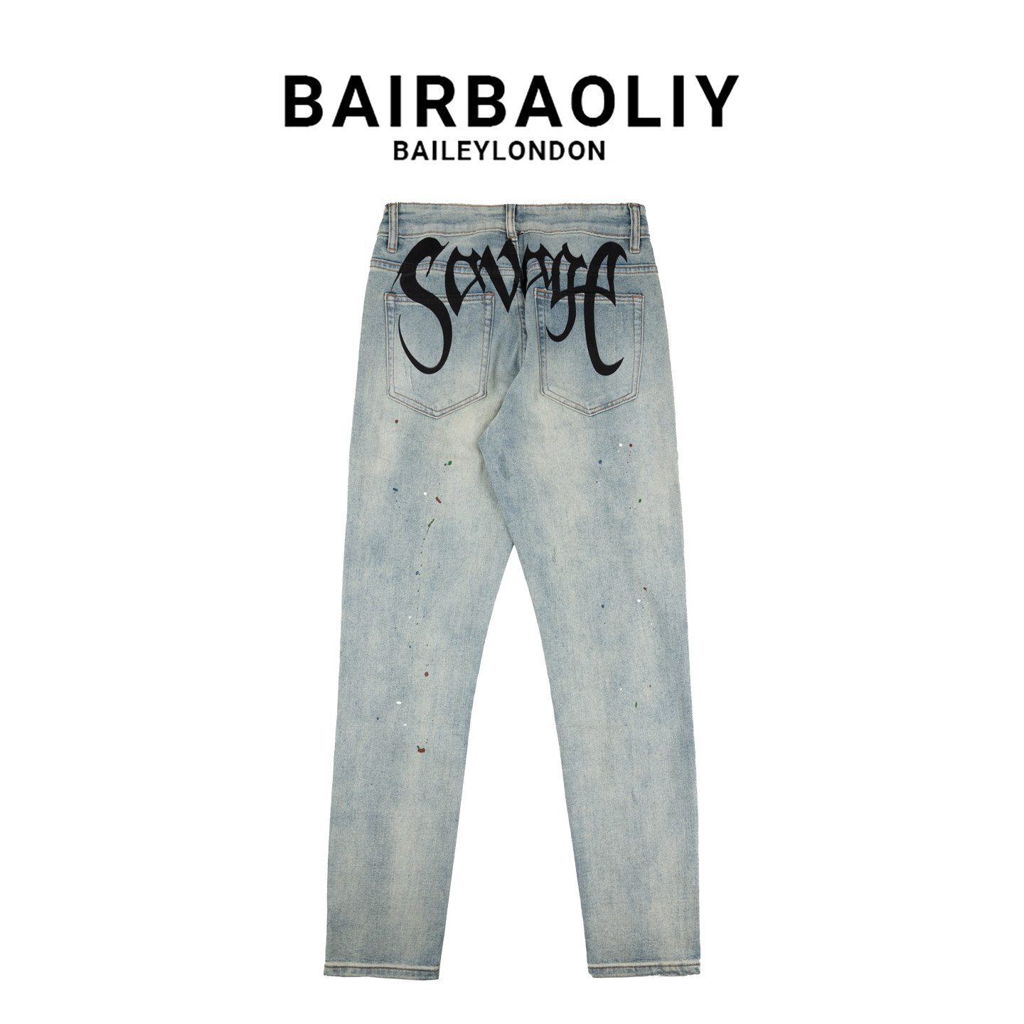BAIRBAOLIY韩版时尚字母印花彩漆做旧复古修身弹力直筒男款牛仔裤