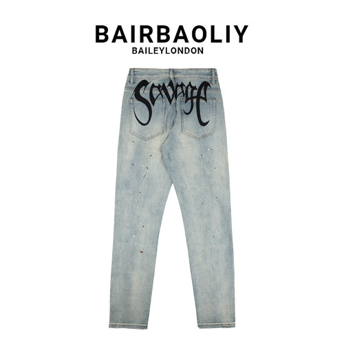 BAIRBAOLIY韩版时尚字母印花彩漆做旧复古修身弹力直筒男款牛仔裤