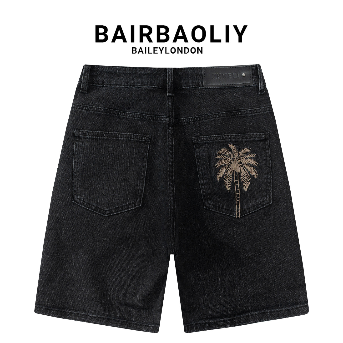 BAIRBAOLIY潮牌做旧黑复古牛仔短裤男装后袋椰树刺绣休闲五分中裤