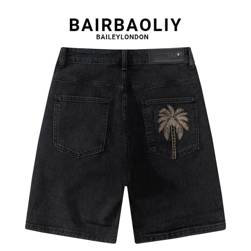 BAIRBAOLIY潮牌做旧黑复古牛仔短裤男装后袋椰树刺绣休闲五分中裤