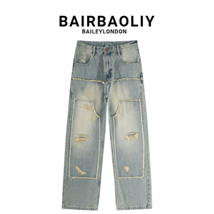 BAIRBAOLIY街头个性毛边拼接破洞美式牛仔裤设计感宽松直筒长裤男