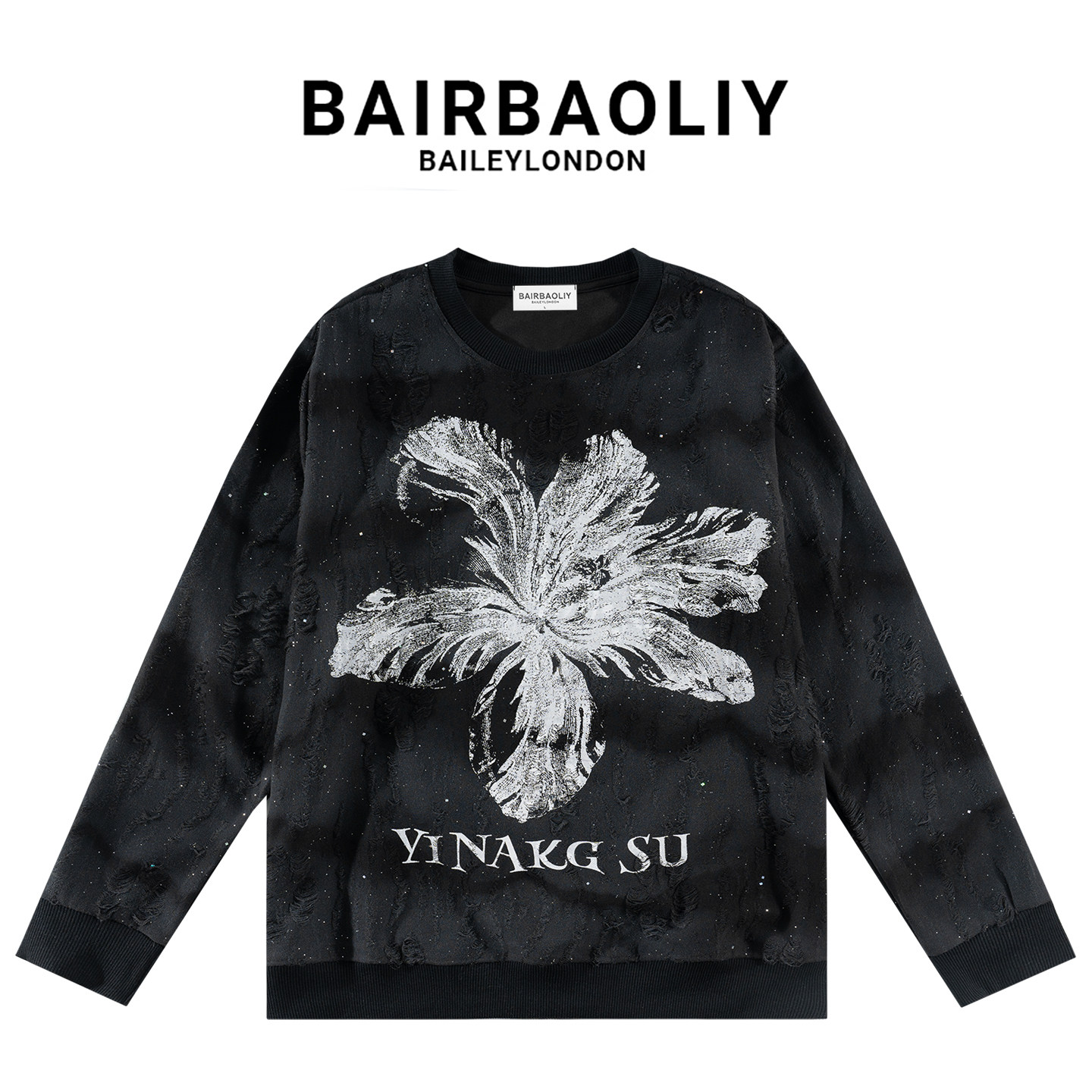 BAIRBAOLIY高端轻奢曼陀花朵设计感破洞渐变亮片圆领卫衣男女同款