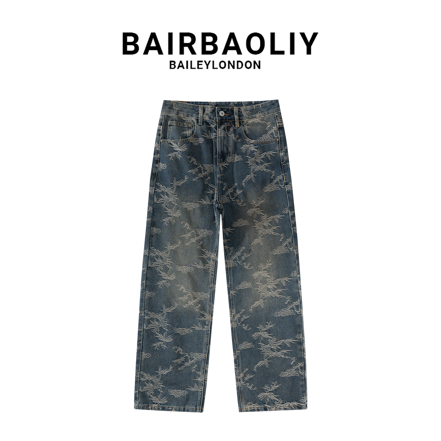BAIRBAOLIY轻奢高品质男装巴黎风提花直筒牛仔裤高街复古潮流长裤