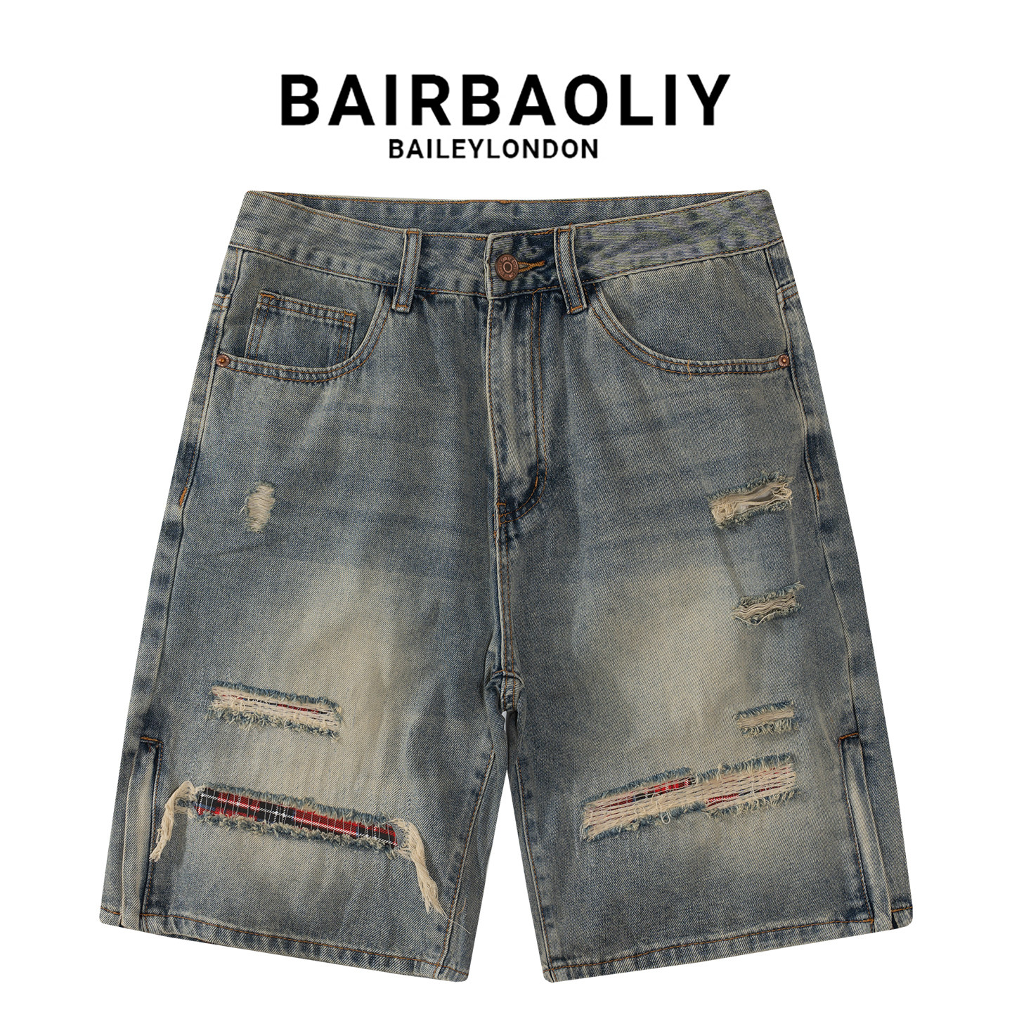 BAIRBAOLIY美式街头格纹破洞牛仔短裤男高街个性宽松直筒五分中裤