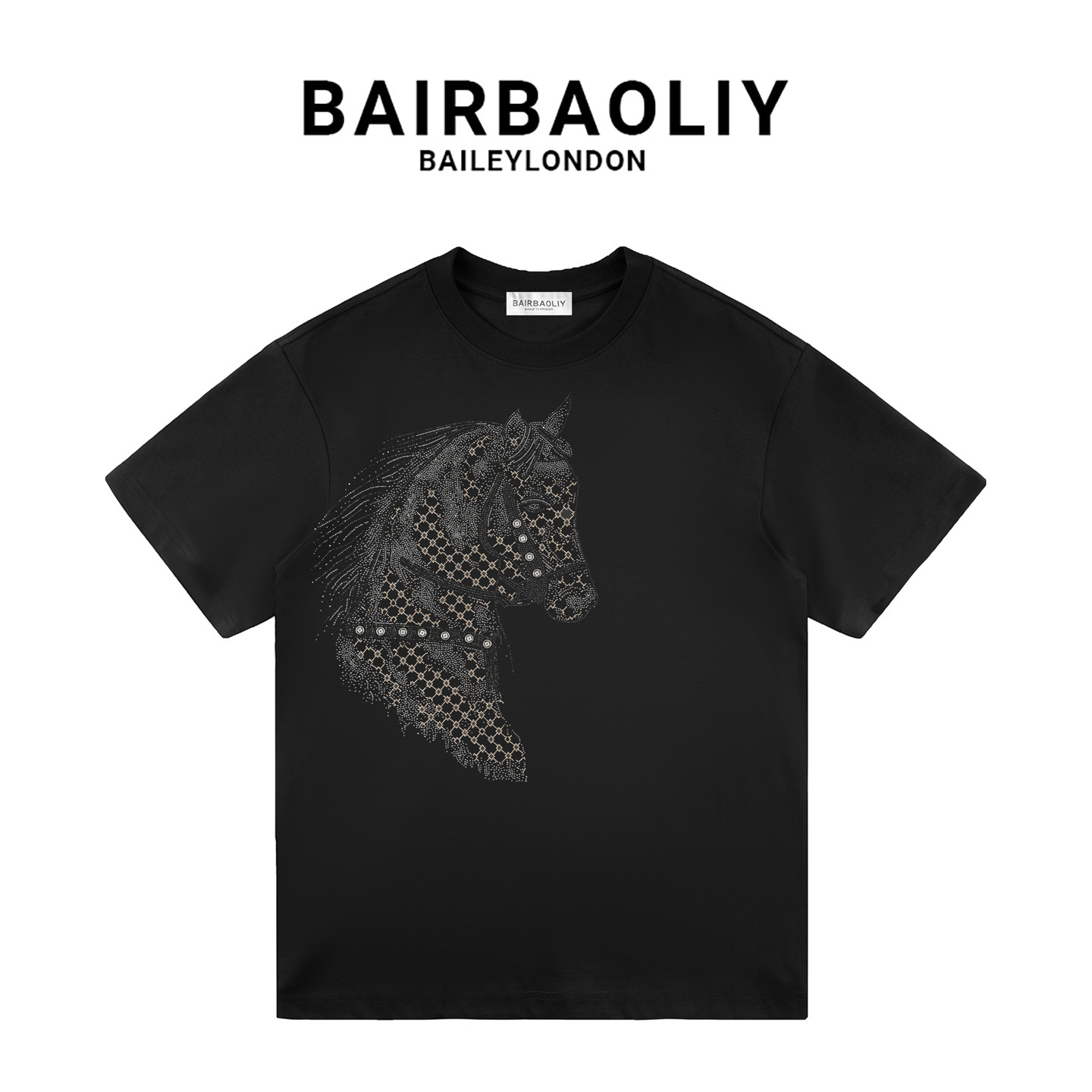 BAIRBAOLIY时尚轻奢高级感战马烫钻短袖T恤夏季高街百搭休闲上衣
