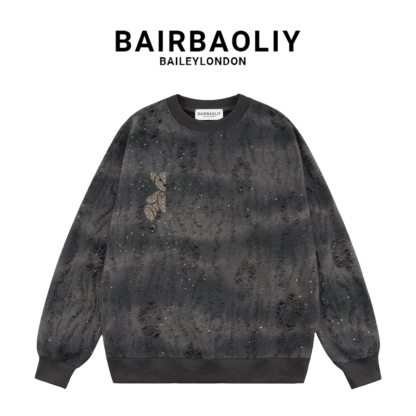 BAIRBAOLIY星空灰轻奢时尚联名款休闲破洞高街亮片渐变男装卫衣