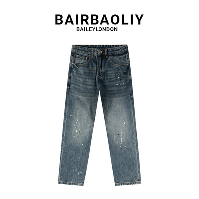 BAIRBAOLIY做旧泼漆水洗直筒牛仔裤潮流复古高街美式长裤2025春季