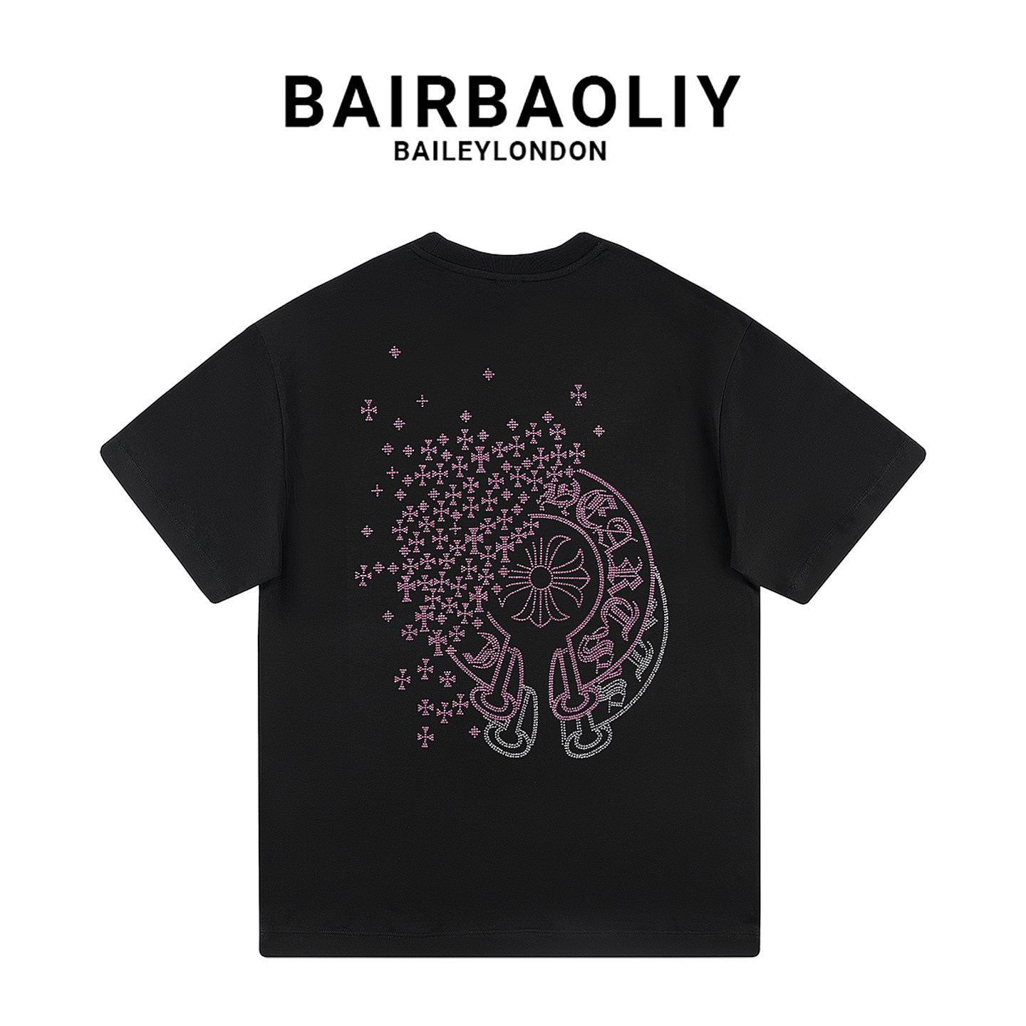 BAIRBAOLIY樱花粉闪钻潮牌重工十字架时尚轻奢短袖T恤修身版男装