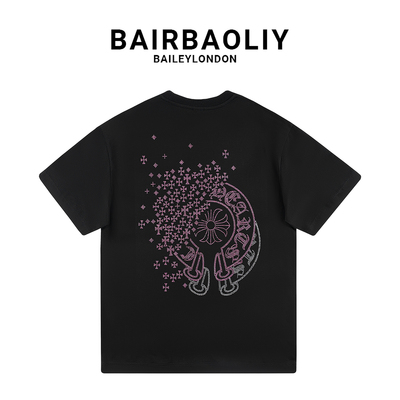 BAIRBAOLIY樱花粉闪钻潮牌重工十字架时尚轻奢短袖T恤修身版男装