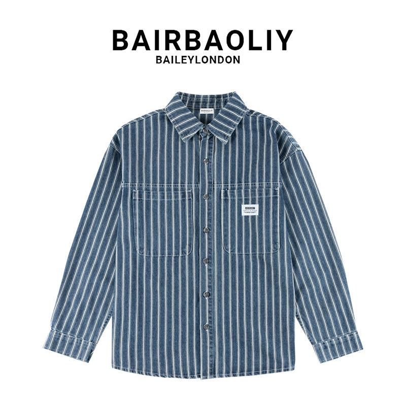 BAIRBAOLIY美式复古竖条纹衬衫长袖口袋牛仔衬衣2025春新款薄外套