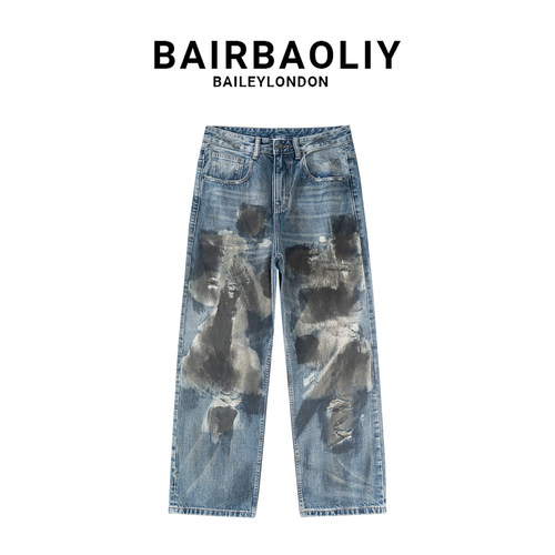 BAIRBAOLIY重工破洞做旧脏脏牛仔裤男2025新款日系废土风直筒长裤
