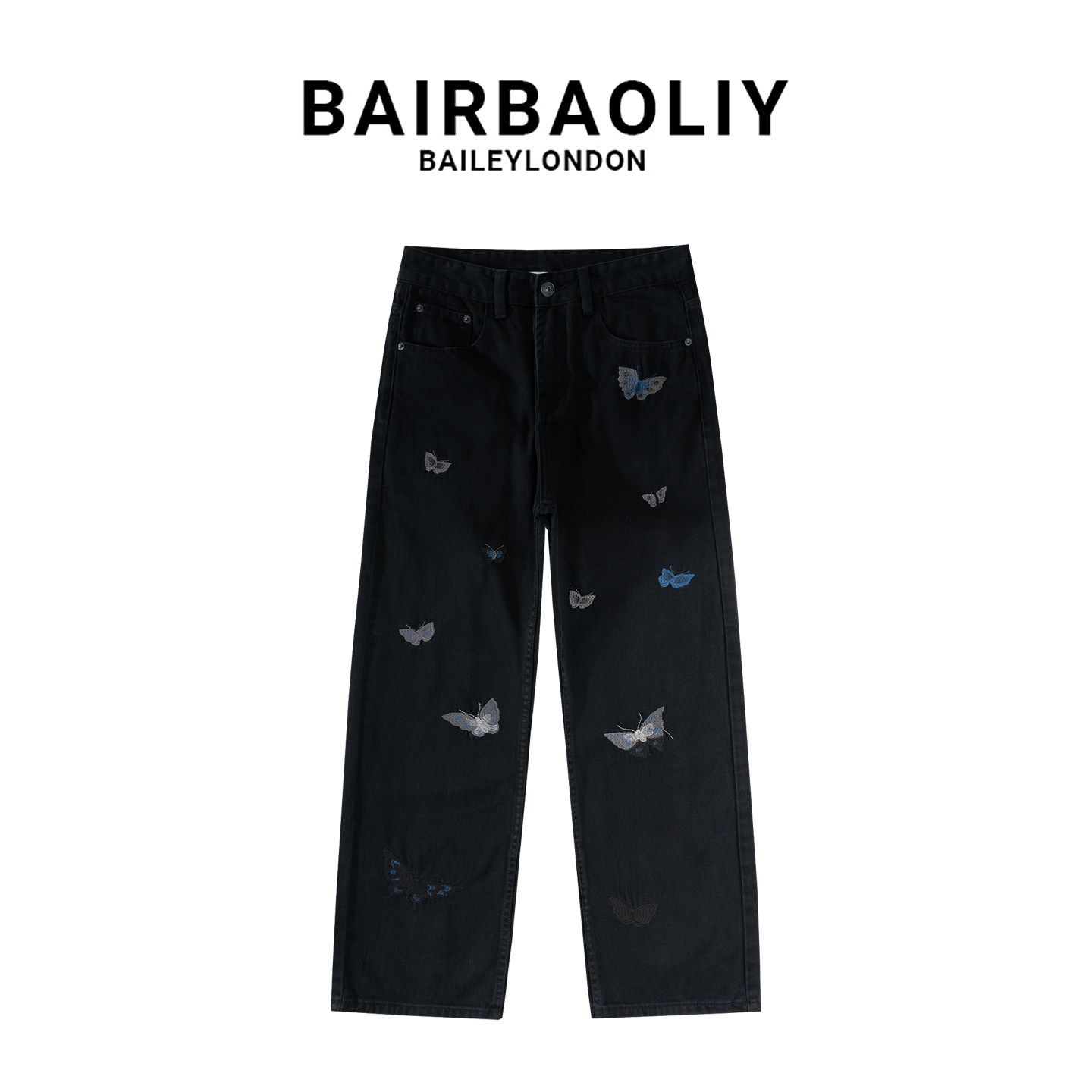 BAIRBAOLIY美式潮流蝴蝶刺绣直筒宽松百搭男士纯棉高品牛仔裤长裤