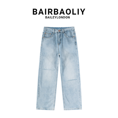BAIRBAOLIY潮牌破洞设计轻奢时尚牛仔裤男士潮酷高街直筒休闲长裤