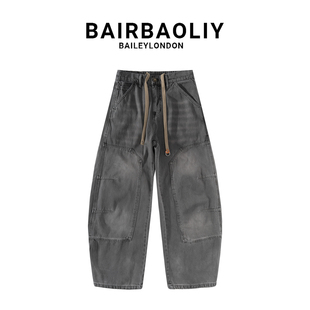 BAIRBAOLIY美式街头抽绳复古拼接做旧纯棉弯刀裤宽松休闲牛仔裤男