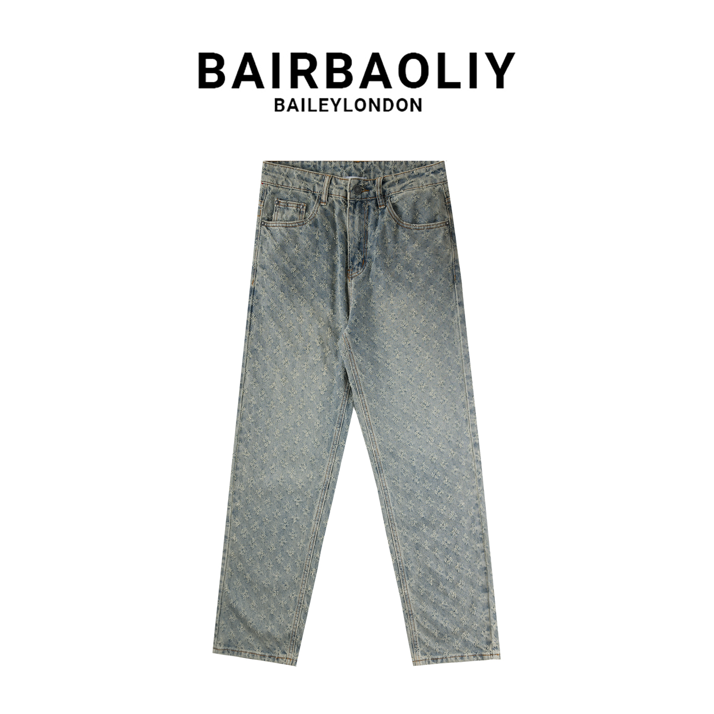 BAIRBAOLIY提花满印高街潮牌ins设计感牛仔裤宽松直筒休闲长裤男