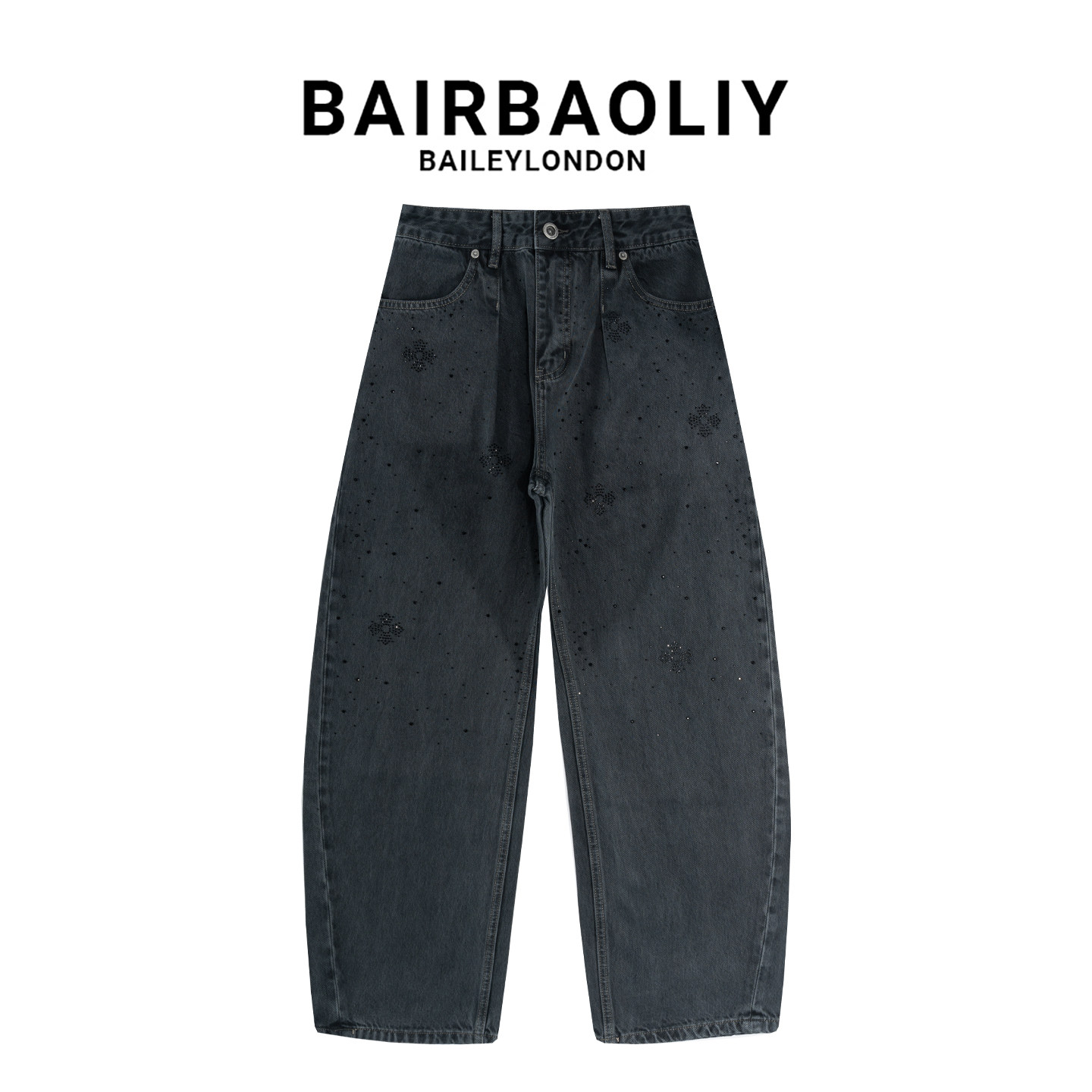 BAIRBAOLIY潮牌时尚高端高品质黑色十字烫钻弯刀裤宽松水洗牛仔裤
