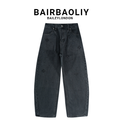 BAIRBAOLIY潮牌时尚高端高品质黑色十字烫钻弯刀裤宽松水洗牛仔裤