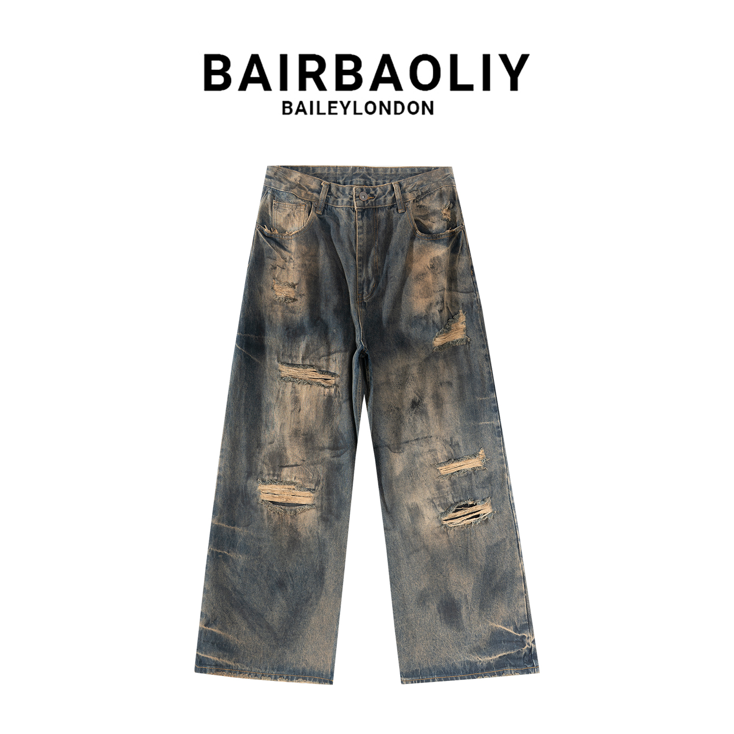 BAIRBAOLIY做旧破洞美式嘻哈废土风牛仔裤男高街复古宽松百搭长裤