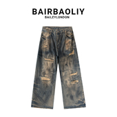 男高街复古宽松百搭长裤 BAIRBAOLIY做旧破洞美式 嘻哈废土风牛仔裤