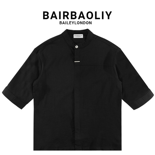 BAIRBAOLIY男装夏季休闲痞帅高级感立领宽松中国风百搭短袖衬衫潮