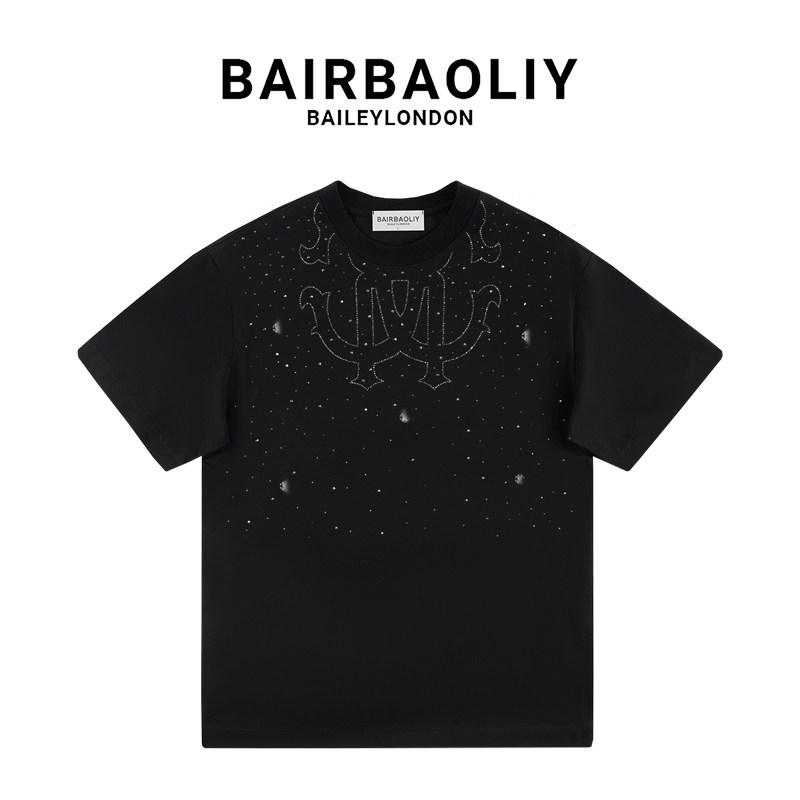 BAIRBAOLIY潮牌男装新款春夏短袖重工高端时尚烫钻休闲圆领T恤衫