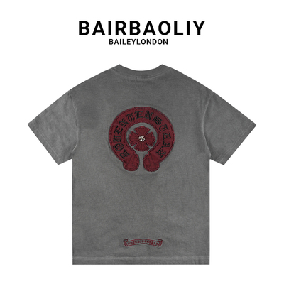 BAIRBAOLIY经典刺绣十字架梵文LOGO重磅高级灰短袖T恤男装宽松版
