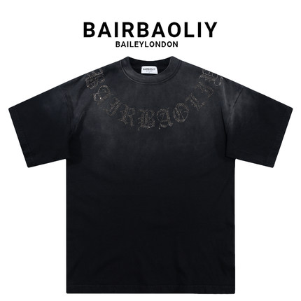 BAIRBAOLIY复古做旧宽松版高街渐变水洗哥特字母烫钻圆领短袖T恤