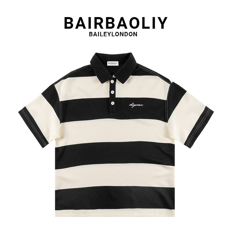 BAIRBAOLIY条纹刺绣Polo衫春夏宽松潮流时尚日系翻领短袖上衣新款
