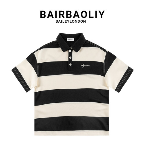 BAIRBAOLIY条纹刺绣Polo衫春夏宽松潮流时尚日系翻领短袖上衣新款