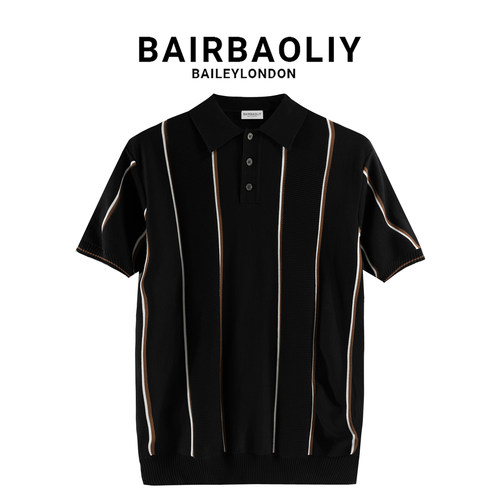 BAIRBAOLI复古撞色竖条纹针织POLO衫夏季高级老钱风翻领短袖上衣