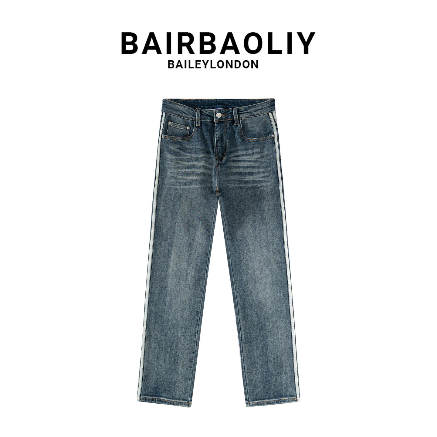 BAIRBAOLIY轻奢潮流帅气条纹拼接复古水洗男士直筒修身休闲牛仔裤