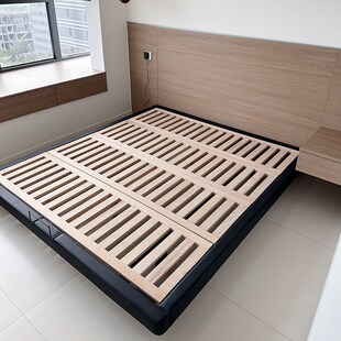 直观家具2米x2米2主卧大床无床头悬G浮榉木架黑色皮无靠背现代简