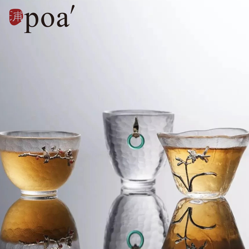 浦poa蜂鸟款中国风镶银玻璃杯手工锤纹茶杯品茗杯主人杯茶具