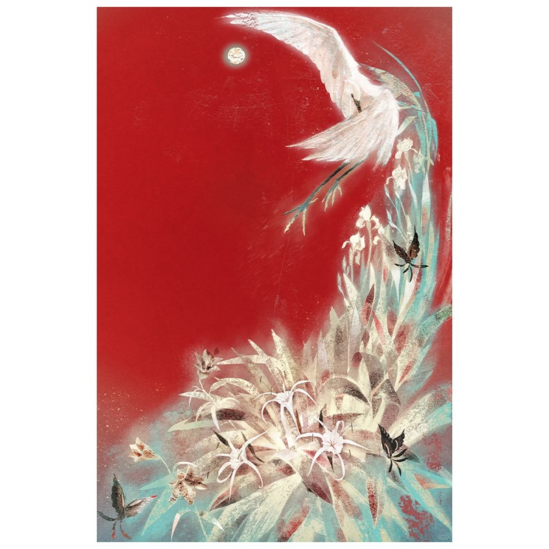 新中式红色系蝴蝶仙鹤客厅餐厅装饰挂画牡丹花卉玄关丙烯手绘油画图片