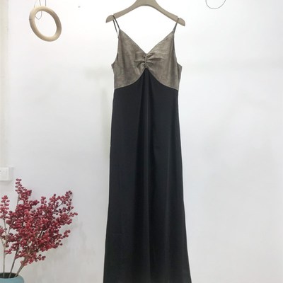 高级感时尚撞色拼接吊带裙2024秋季新款长裙PUTIAN朴恬百搭连衣裙