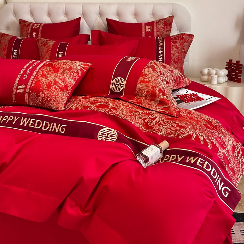 A类高档中式结婚床上用品四件套简约红色床单纯棉喜被新婚庆被套4